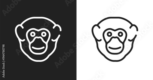 Chimpanzee head icon. Linear black, white icon from fauna collection. Outline chimpanzee head vector. Thin line symbol isolated on white and black background