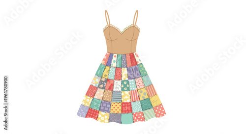 A sleeveless A-line dress with a brown bodice and a colorful patchwork skirt is displayed.