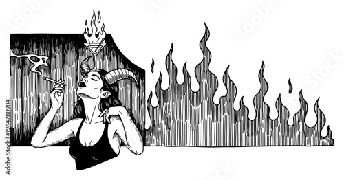Succubus demon woman smoking near fire flames in vintage etched style