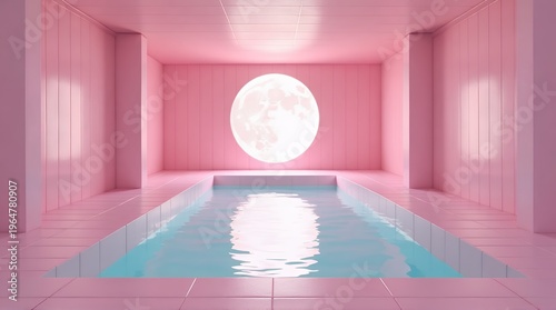 minimalist pink infinity pool with soft glowing light and reflection