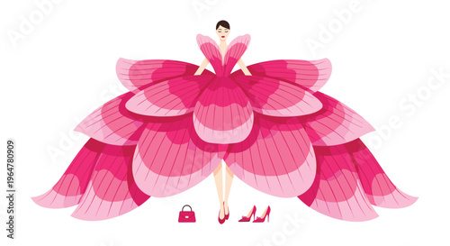 A stylized woman wears an elaborate pink petal dress with matching accessories on a white background.
