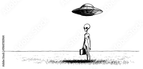 Alien traveler with briefcase standing under a flying saucer in vintage engraving style