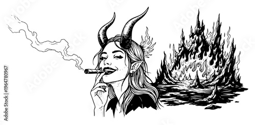 Succubus woman with horns smoking cigar in front of hell fire in engraving style