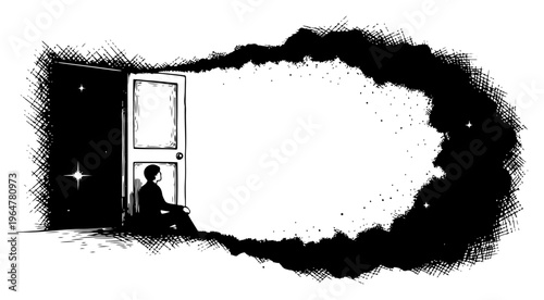 Man sitting by open doorway with cosmic smoke and stars in surreal engraving style