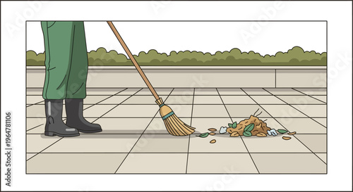 Person sweeping leaves on paved path in urban park with broom in hand