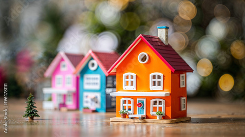 Miniature colorful toy houses arranged on a wooden table with an orange house in focus, pink and blue houses in the background, a small Christmas tree, and festive bokeh lights