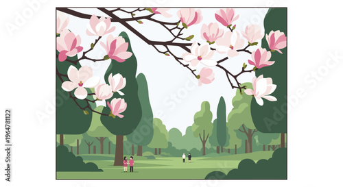 Spring park landscape with blossoming magnolia trees and people strolling