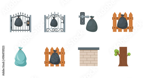 Garbage bags hanging on various fences and structures in cartoon style