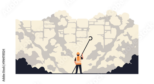 Worker in safety gear observing construction site with safety pole