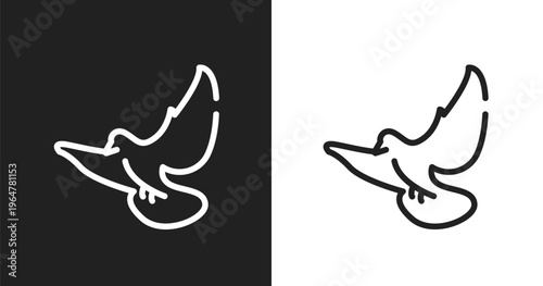 Flying dove icon. Linear black, white icon from free animals collection. Outline flying dove vector. Thin line symbol isolated on white and black background