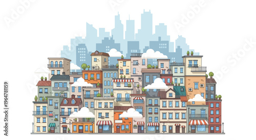 Charming urban neighborhood with diverse architectural styles and skyline backdrop