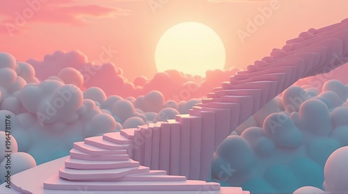 3d surreal iceberg landscape at sunrise with soft pink and purple sky