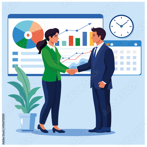 Business handshake agreement with data analytics dashboard, teamwork partnership concept, flat vector illustration