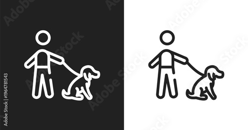 Dog with owner icon. Linear black, white icon from dogs collection. Outline dog with owner vector. Thin line symbol isolated on white and black background