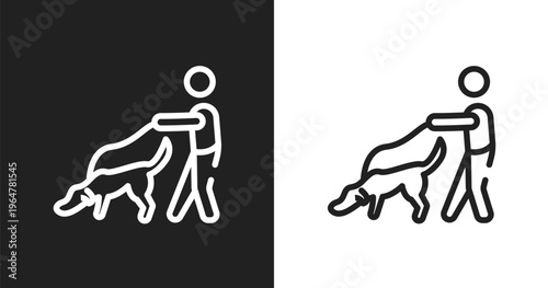 Dog and a man icon. Linear black, white icon from dogs collection. Outline dog and a man vector. Thin line symbol isolated on white and black background
