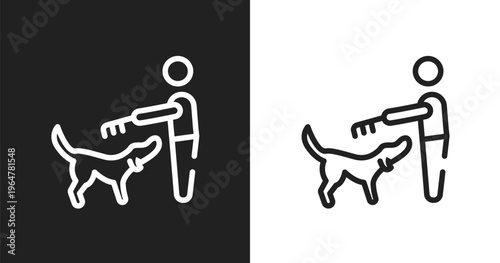 Man combing a dog icon. Linear black, white icon from dogs collection. Outline man combing a dog vector. Thin line symbol isolated on white and black background