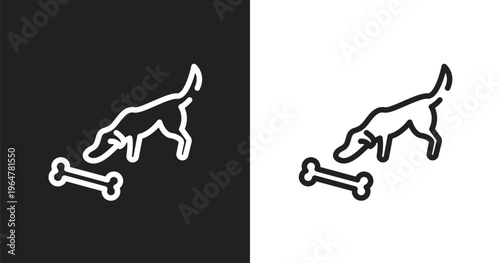 Dog smelling a bone icon. Linear black, white icon from dogs collection. Outline dog smelling a bone vector. Thin line symbol isolated on white and black background