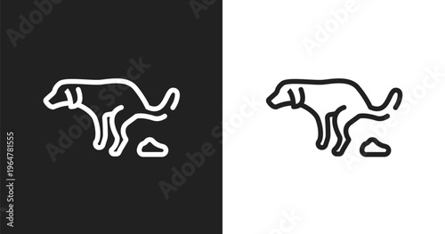Dog shitting icon. Linear black, white icon from dogs collection. Outline dog shitting vector. Thin line symbol isolated on white and black background