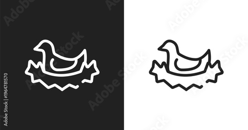 Bird in nest icon. Linear black, white icon from birds pack collection. Outline bird in nest vector. Thin line symbol isolated on white and black background