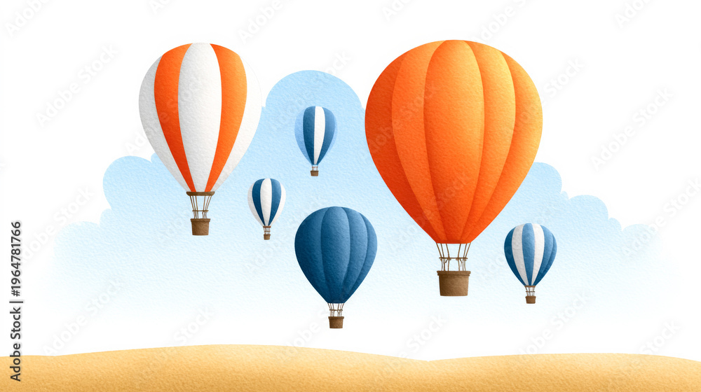 Fototapeta premium Colorful hot air balloons in clear sky over desert landscape