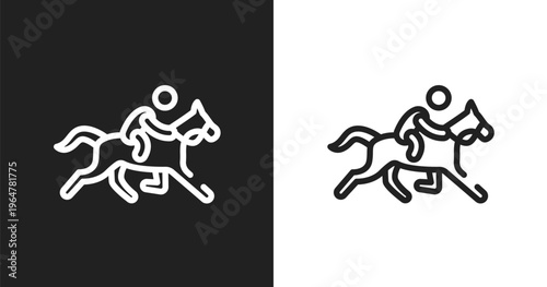 Race horse with jockey icon. Linear black, white icon from horses collection. Outline race horse with jockey vector. Thin line symbol isolated on white and black background