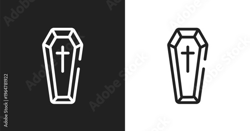 Coffin icon. Linear black, white icon from halloween collection. Outline coffin vector. Thin line symbol isolated on white and black background