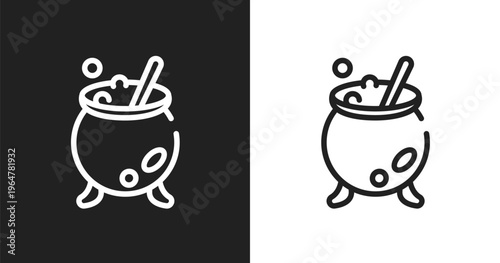 Cauldron icon. Linear black, white icon from halloween collection. Outline cauldron vector. Thin line symbol isolated on white and black background