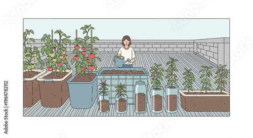 Urban rooftop gardening scene with woman watering plants in containers