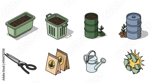Gardening tools and supplies in isometric style: pots, scissors, watering can, sun