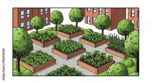 Urban community garden with raised beds in courtyard setting