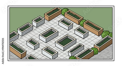 Isometric urban garden design with raised planters and greenery