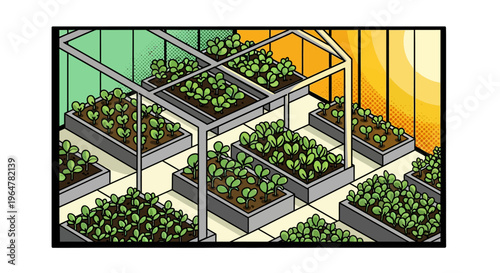 Isometric greenhouse with lush plant beds and sunlight