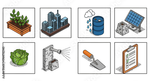 Sustainable energy and urban agriculture icons in isometric style