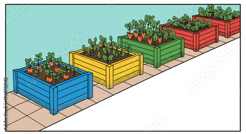 Colorful raised garden beds with vegetables growing on patio