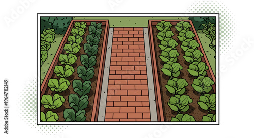 Vibrant comic style vegetable garden with brick pathway and raised beds