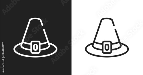 Pilgrim icon. Linear black, white icon from thanksgiving collection. Outline pilgrim vector. Thin line symbol isolated on white and black background