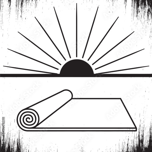 Yoga mat icon with sunrise background and black grunge texture featuring exercise, fitness, sun with morning and meditation elements for wellness,