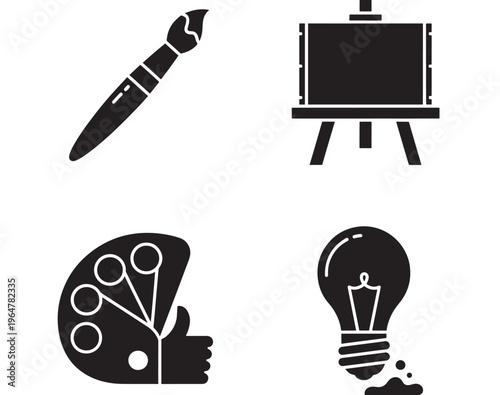 Painter's tools set with black silhouette icons on white background, featuring brush, easel, palette, and light bulb.