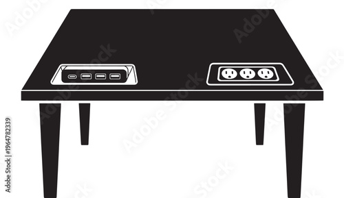 Table with built-in power outlets and USB ports on top surface featuring furniture, modern, sleek with black and white elements for illustration,