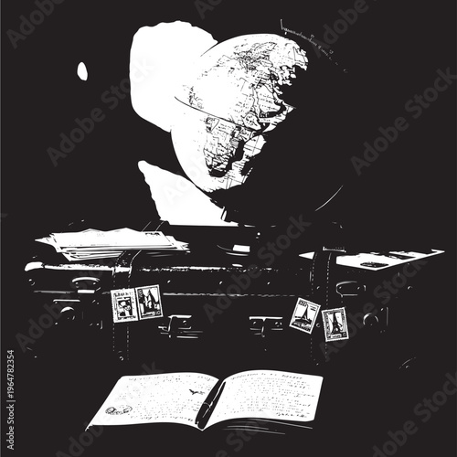 Globe desk lamp with cracked surface on table next to open book, black background featuring illustration, vector, graphic with resource and lighting
