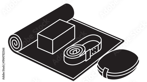 Yoga mat with block, strap, and bolster for exercise and meditation practices daily featuring fitness, wellness, health with workout and stretching