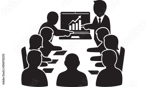 People sitting around a meeting table with business presentation on screen featuring team, discussion, conference with workshop and seminar elements