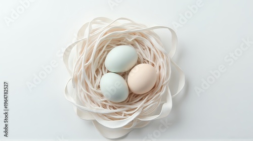 Handmade natural nest with three speckled eggs minimalist still life
