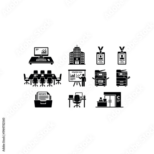 Business icons and office equipment.