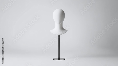Wig stand on light gray background. Mannequin head on metallic base