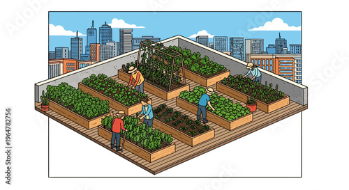 Rooftop gardening in urban setting with people tending to vegetables in raised beds