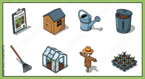Garden tools and structures in isometric style for modern landscaping and farming projects