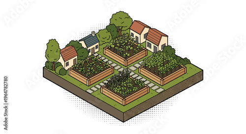 Isometric community garden with raised beds and trees