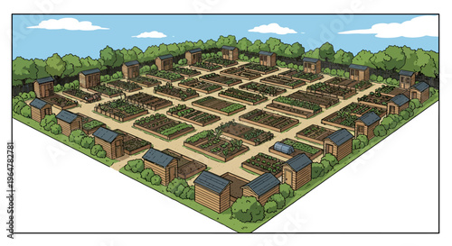 Community garden with raised beds in isometric view surrounded by trees and clouds