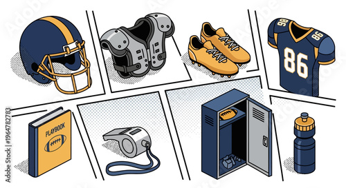 American football equipment in isometric pop art style